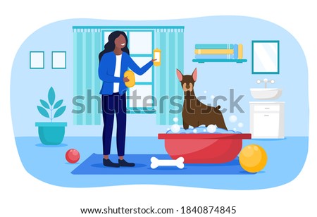 Pet care concept girl bathing her dog at home in the bathroom. Flat cartoon vector illustration with fictional characters.