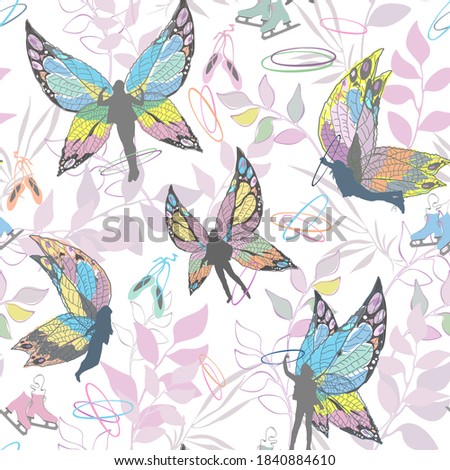 Girls inspired by the joy of active life. Seamless vector illustration with female silhouettes with butterfly wings, figure skates, ballet slippers, gymnastic hoops, isolated on white background