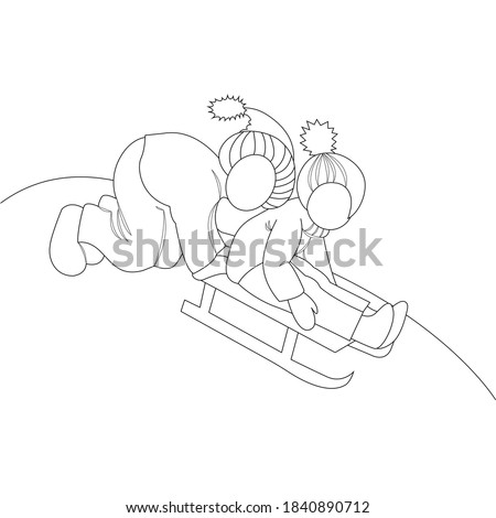 Children are sledding. Linear vector illustration isolated. Childrens coloring