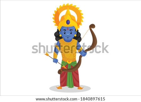 Lord Rama is holding a bow and arrow in hand. Vector graphic illustration. Individually on a white background.