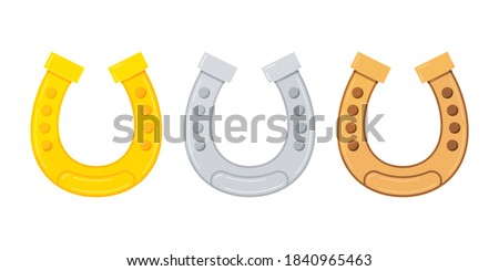 Golden, silver, bronze horseshoe icon vector set for good luck isolated on white background. Horseshoe sign collection. Flat cartoon style illustration. Lucky St. Patrick's day symbol.