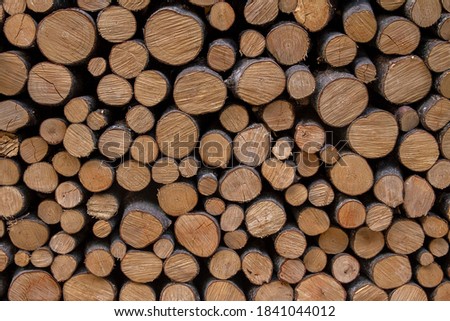 Many sawn logs stacked together. Full face view
