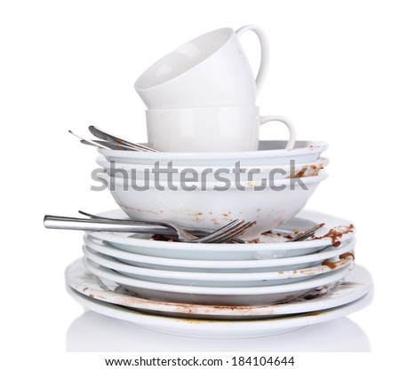Dirty dishes isolated on white Royalty-Free Stock Photo #184104644