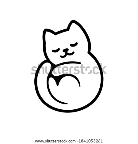 Cute cartoon cat logo, sleeping curled in circle. Adorable kitty symbol. Isolated vector clip art illustration.