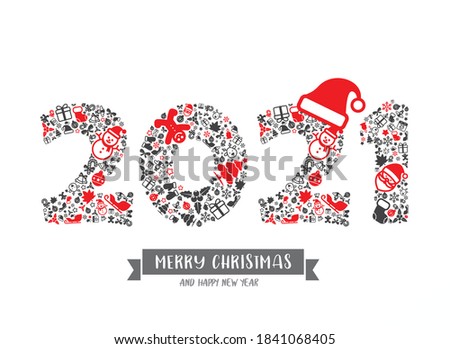 2021 Calligraphy with Christmas icon for celebration and decoration design element, flat style, vector illustration