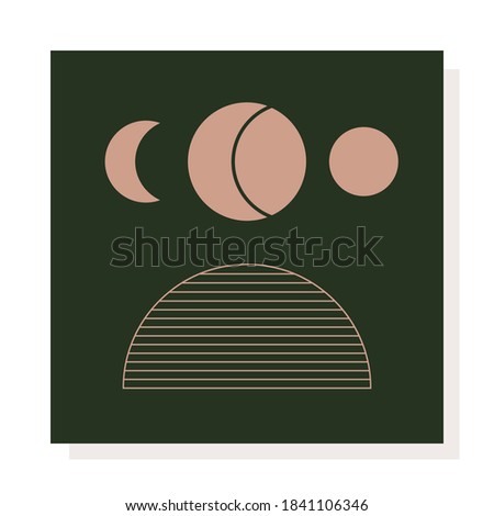 Abstract modern Vector Background. Circles, Lines, Curves. Geometrical Design. Minimalistic boho elegant concept. Square Pattern. Green and pink colors. Poster template. Isolated on white