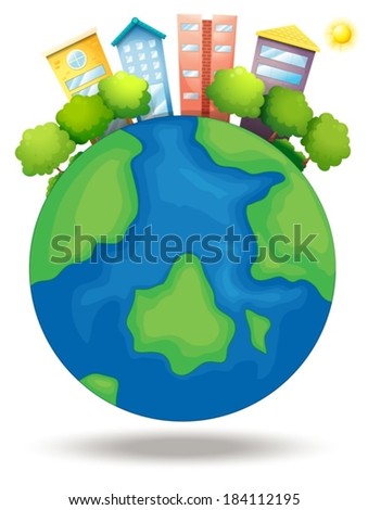 Illustration of the earth with trees and tall buildings on a white background