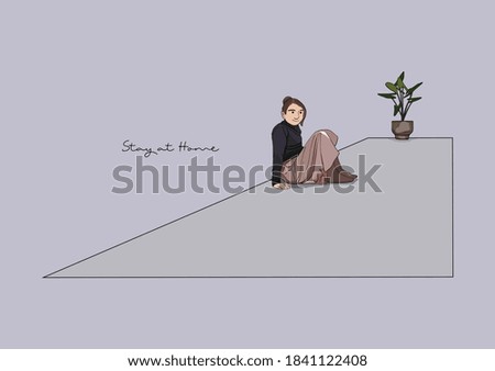 Vector Illustration of Woman Sitting on the Floor, Stay Home, Stay Safe