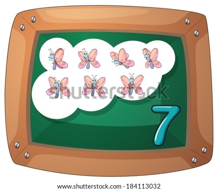 Illustration of a blackboard with seven butterflies on a white background