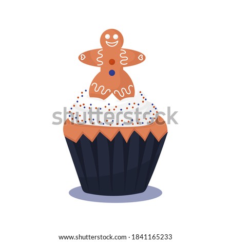 Cute isolated cupcake with a gingerbread man. White background. Flat style illustration.