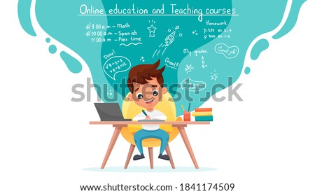 E-learning concept banner. Online education. Cute school boy using laptop. Study at home with hand-drawn elements. Web courses or tutorials, software for learning. Vector flat cartoon illustration