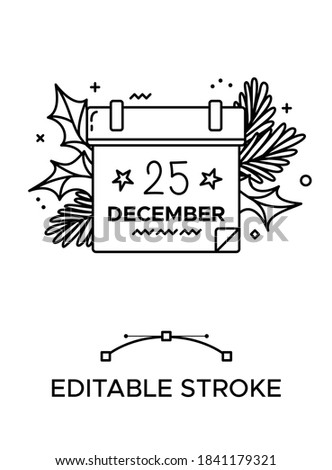 Calendar linear icon. 25 december. Christmas eve. Thick line pictogram. Isolated outline vector illustration. Duotone contour symbol. Editable stroke. Pixel perfect