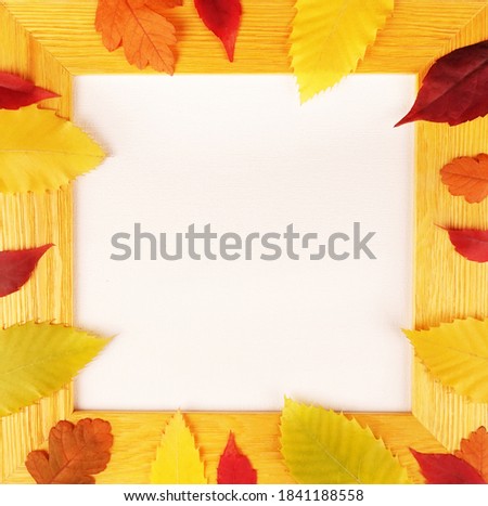 Yellow wooden square frame for picture with colorful leaves blank empty space