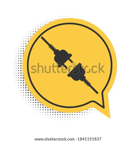Black Electric wire plug and socket icon isolated on white background. Yellow speech bubble symbol. Vector.