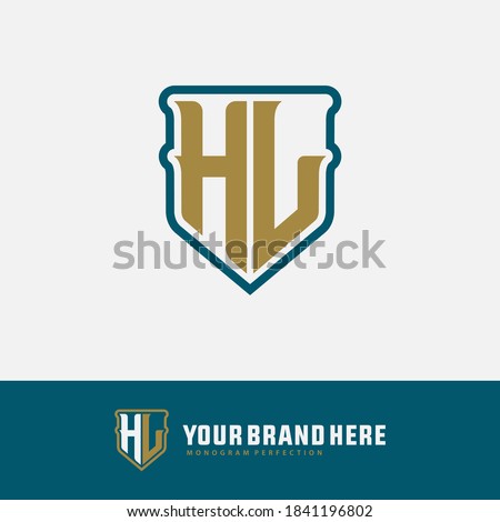 Initial letter H, L, HL or LH overlapping, interlock, monogram logo, green and gold color on white background