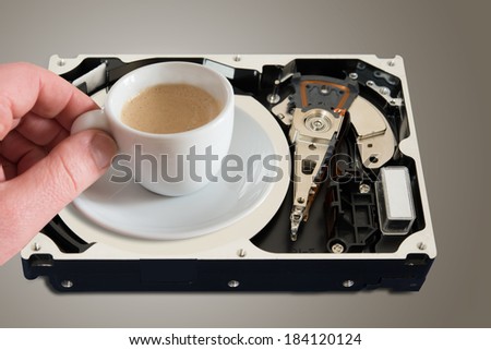 cup of hot coffee on hard disc opened