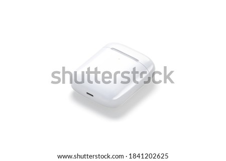 Blank white closed headphones case mock up lying, side view, 3d rendering. Empty digital headset for smartphone connection mockup, isolated. Clear charging box with earpods template.