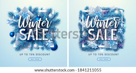 Christmas holiday background with silver fir tree, snowflakes, pine cones and gift boxes. Winter big sale poster.