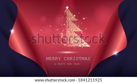 Christmas and New Year with gold polygon tree shimmer on fabric background vector illustration
