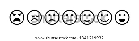 Face icon. Smile and sad emoji. Happy and bad smiley for feedback. Outline emoticon of sentiment, satisfaction. Survey for customers. Unhappy, normal, positive, angry, dislike feeling. Vector. Royalty-Free Stock Photo #1841219932