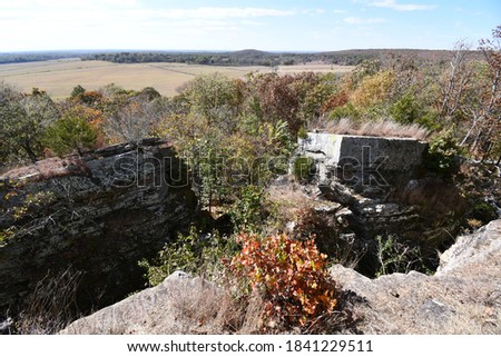 A forested area and cliffs at the Pea Ridge National Battlefield in Garfield, Arkansas. Area was used in a pivotal Civil War battle. Picture taken in October 2020.
