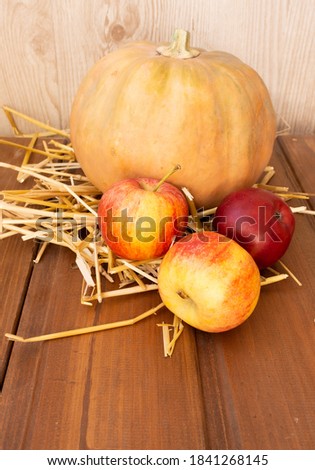 Orange pumpkin on the hay next to three red apples on a dark wooden background. autumn.