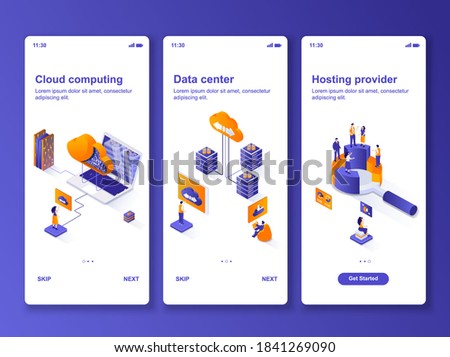 Data center isometric GUI design kit. Cloud computing, hosting provider services templates for mobile app. Data processing UI UX onboarding screens. Vector illustration with tiny people characters.