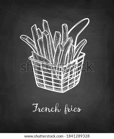 French fries. Fried potatoes. Chalk sketch on blackboard background. Hand drawn vector illustration. Retro style.