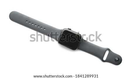 Modern stylish smart watch isolated on white, top view Royalty-Free Stock Photo #1841289931