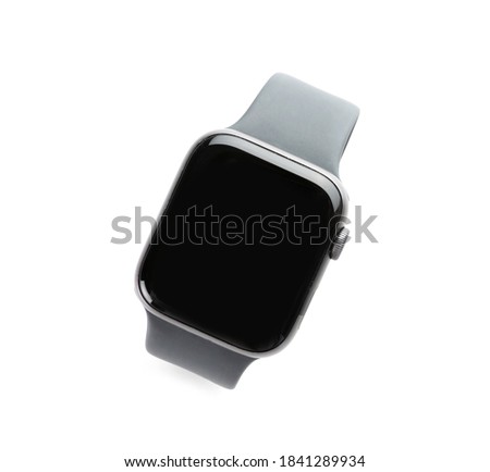 Modern stylish smart watch isolated on white, top view