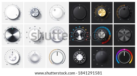 Round adjustment dial. Regulator knob, volume level and analog Min Max dials with realistic shadow and radial metal gradient. 3D Knobs on black and white backgrounds vector set Royalty-Free Stock Photo #1841291581