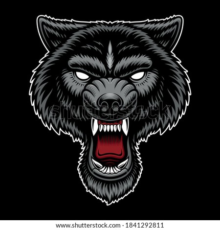 A colorful vector illustration of a wolf head, isolated on dark background.