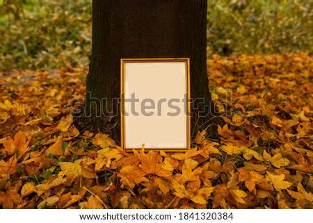 An empty picture frame on a background of autumn leaves. Copy space
