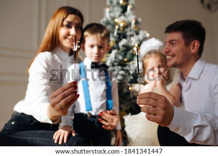 The family celebrates Christmas or New Year. They hold sparklers in their hands, sit next to an elegant festive tree