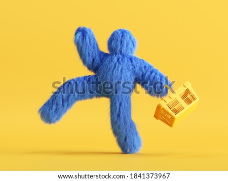 3d render, funny Yeti cartoon character goes shopping, with shopping cart, hairy blue monster toy. Sale concept. Commercial clip art isolated on yellow background