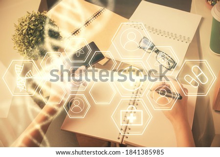 Multi exposure of woman on-line shopping holding a credit card and DNA drawing. Medical education E-learning concept.