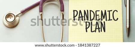 On a purple background a stethoscope with yellow list with text PANDEMIC PLAN