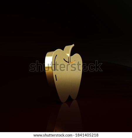 Gold Apple icon isolated on brown background. Fruit with leaf symbol. Minimalism concept. 3d illustration 3D render.
