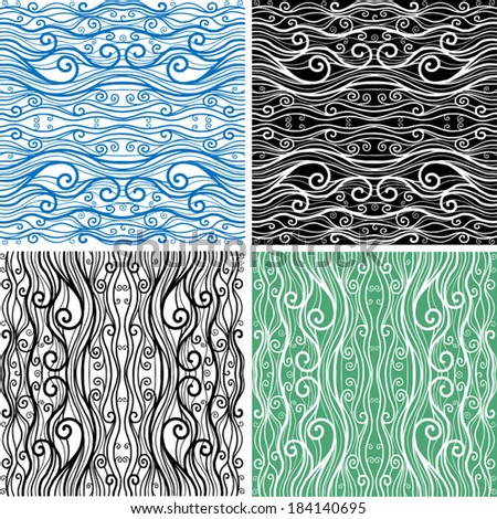 Sea waves hand-drawn pattern for wallpaper, web page background or surface textures. Abstract backgrounds set, modern futuristic wave pattern, vector illustration