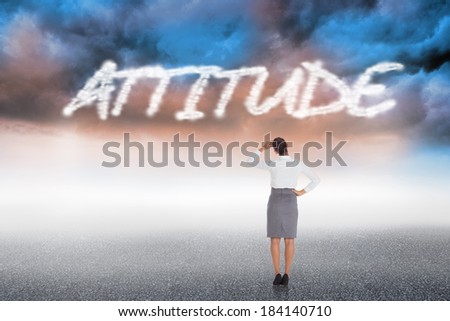 The word attitude and businesswoman scratching her head against cloudy landscape background