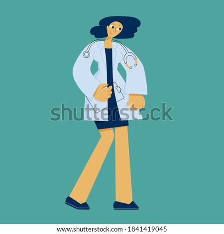 A female doctor in flat style in a lab coat and dress standing ready to help. Hold in her hand medical history. Modern vector illustration.