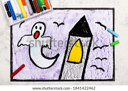 Colorful hand drawing: Old scary tower and ghost at night. Halloween drawing on white  background