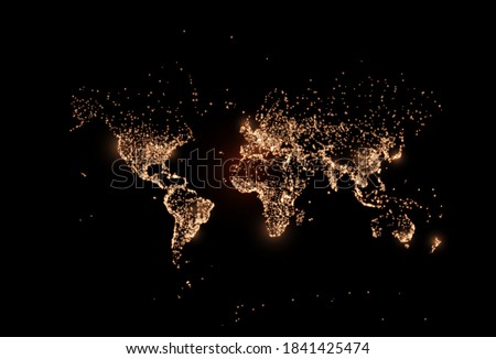 Earth night map. Vector illustration of cities lights from space. Satellite view. Dark map