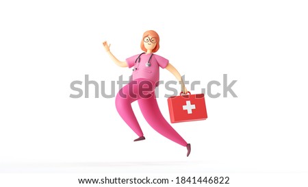 3d render, cartoon character woman doctor runs, wears pink uniform, holds red case first aid kit. Medical clip art isolated on white background.