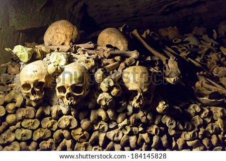 Catacombs of Paris, France. Famous Catacombs or Les Catacombes are underground tourist attraction of city. Old crypt with skulls and bones in catacombs. Funeral scary place in dark dungeon.