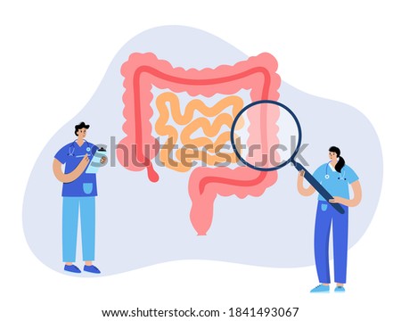 Intestine logo for gastrointestinal clinic. Bowel, appendix, rectum and colon anatomy. Doctor appointment and consult. Medical exam and lab test. Digestive system disease flat vector illustration. Royalty-Free Stock Photo #1841493067