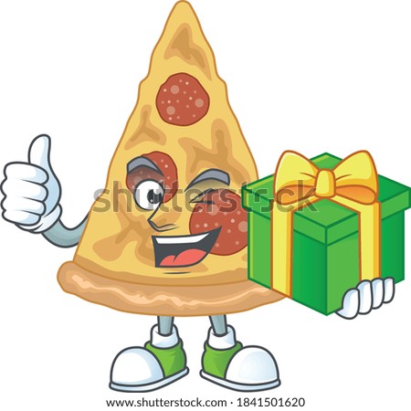 Happy smiley slice of pizza cartoon mascot design with a gift box. Vector illustration