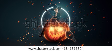 Creative halloween flyer. Girl witch sits on a pumpkin in a witch hat. Halloween concept, poster, copy space, Mixed media
