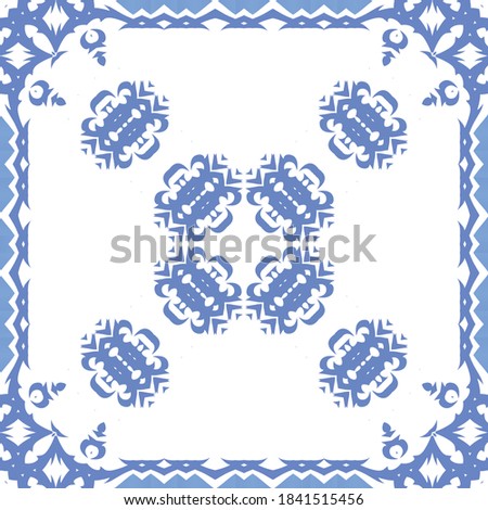 Ornamental azulejo portugal tiles decor. Fashionable design. Vector seamless pattern flyer. Blue gorgeous flower folk print for linens, smartphone cases, scrapbooking, bags or T-shirts.