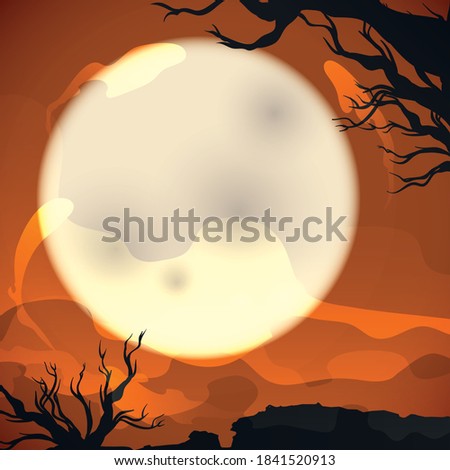 Spooky landscape view with full Moon, branches of dead trees, mist and ghosts.